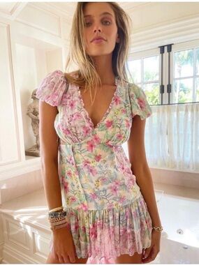 LOVESHACKFANCY Russ Silk Floral Print Mini Dress. Pink, Blue and Yellow print.